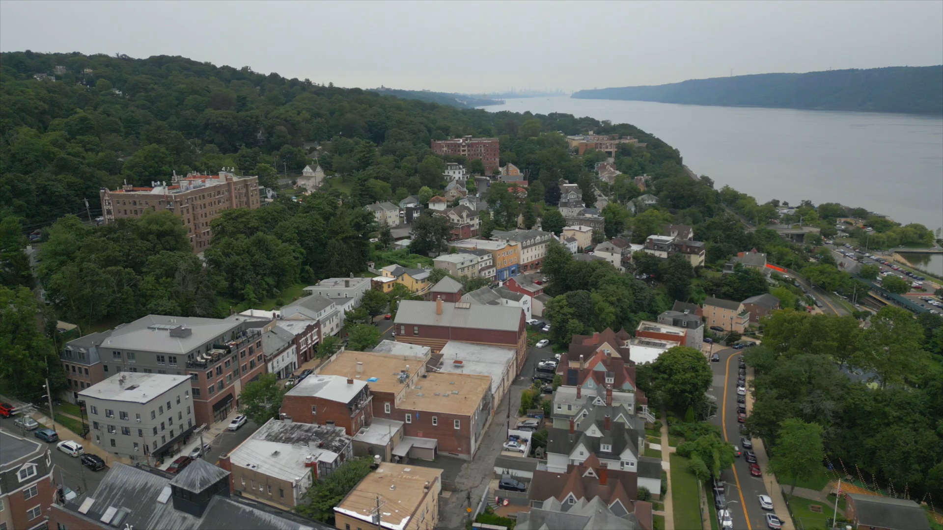 Aerial view of Main Street in Dobbs Ferry, New York along the Hudson River