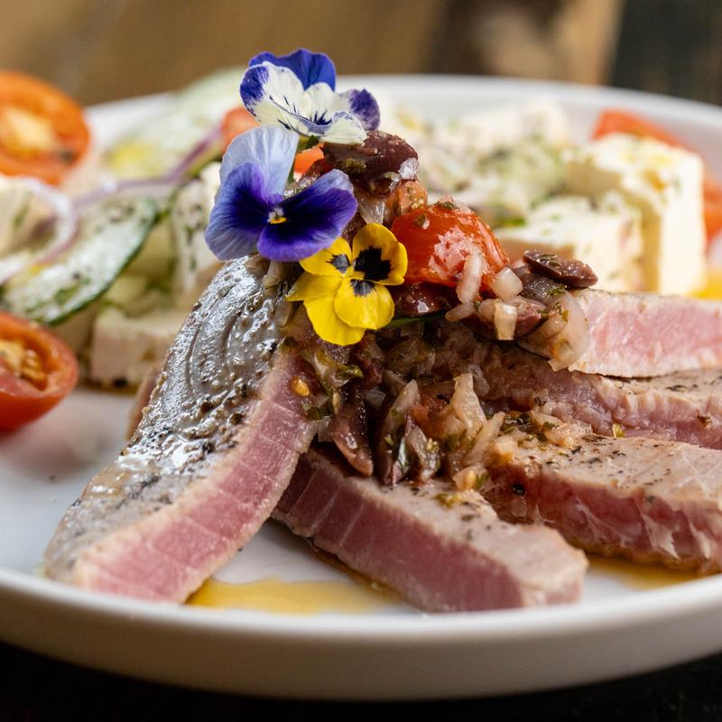 Seared tuna with olive relish and Greek salad at Harper's